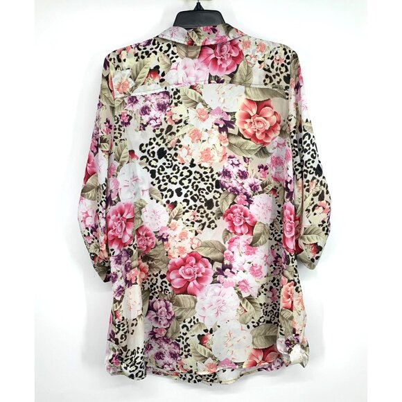 Dressbarn Top Floral Print Button Down V Neck Roll Tab Sleeve - Picture 8 of 10